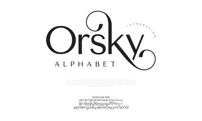 Orsky typography beauty fashion elegant minimalist serif italic fonts decorative wedding vintage retro logos. Minimal luxury font alphabet logo. Vector illustration