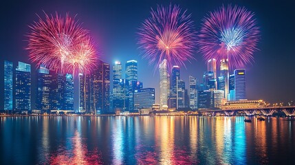 Aerial view of vibrant fireworks exploding over a modern city skyline at night, neon reflections in the water, glowing skyscrapers, high-resolution photography