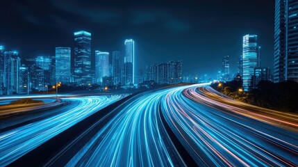 Fototapeta premium A vibrant cityscape at night with light trails from moving vehicles.