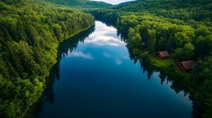 Fototapeta premium Aerial perspective of a peaceful lake surrounded by lush forest, with wooden cabins along the shoreline. The still water reflects the deep blues of the sky