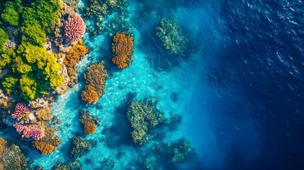 Fototapeta premium Majestic aerial shot of a colorful coral reef, rich with marine life, bright corals, swirling fish, and clear turquoise waters, bathed in sunlight