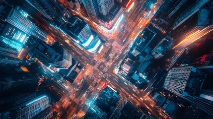 Fototapeta premium Aerial view of a futuristic city with neon lights at night