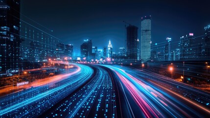 Night cityscape with light trails and modern architecture, showcasing urban vibrancy.
