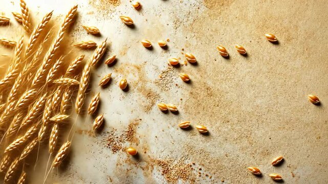 Rustic scattered freekeh grains, Ancient grains and smoky flavors in warm golden flat textured surface