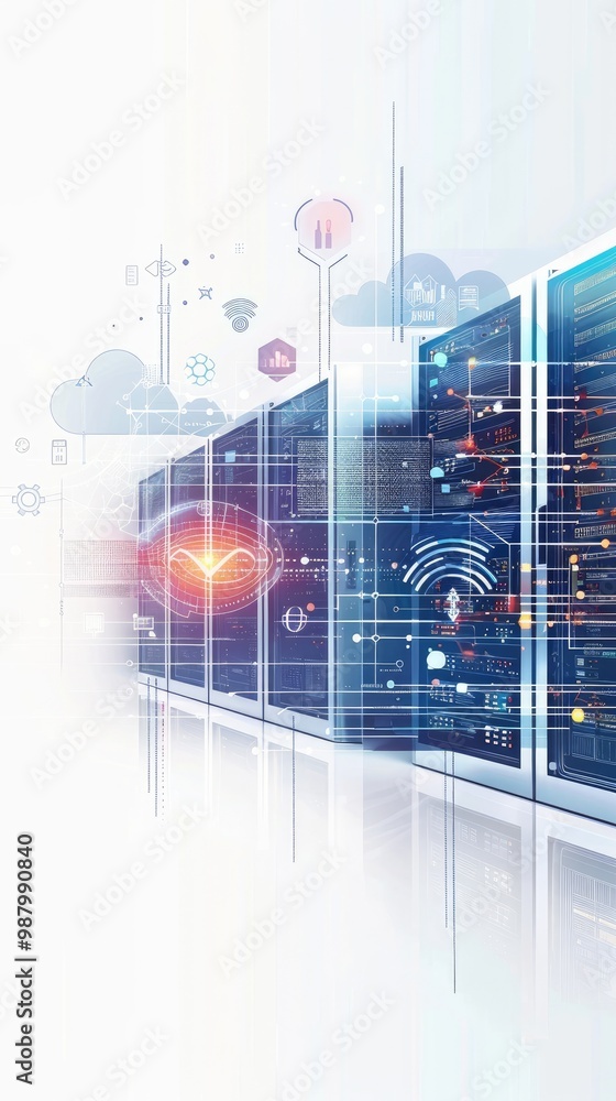 Poster a digital representation of server racks with cloud and connectivity icons.