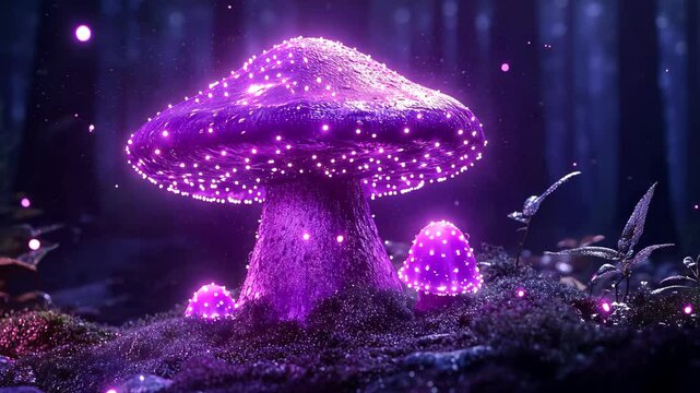 Glowing purple fantasy mushrooms in enchanted forest, Magical bioluminescent fungi in mystical night scene