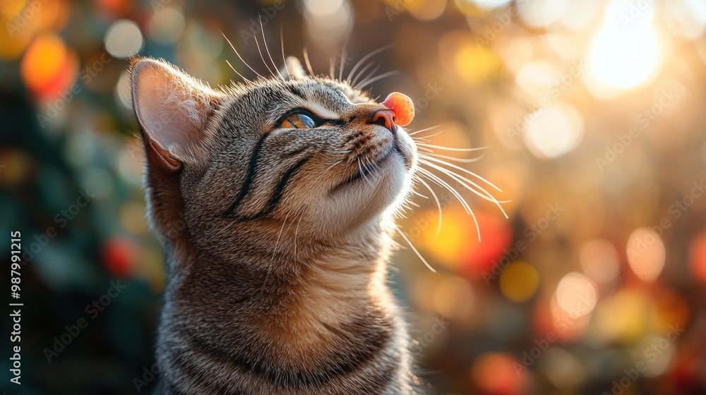 Poster a curious cat gazes upward with a berry on its nose in soft light.