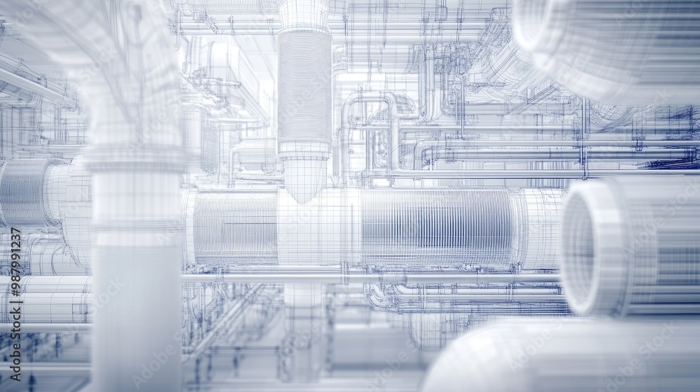 Poster a detailed 3d rendering of interconnected pipes and industrial structures.