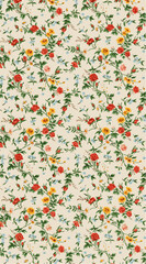 Vintage floral pattern with red, yellow, and white flowers on beige background.