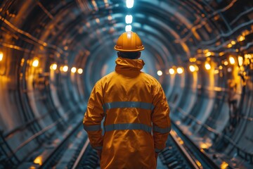 Fototapeta premium Male construction worker with helmet and reflective jacket stands in an illuminated tunnel, facing forward.