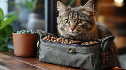 A cat sitting in a bag filled with pet food beside a plant.