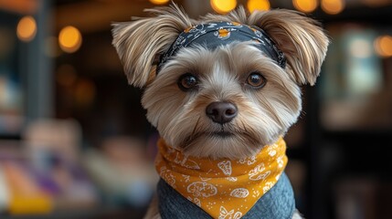A stylish dog wearing a bandana and headband in a cozy setting.