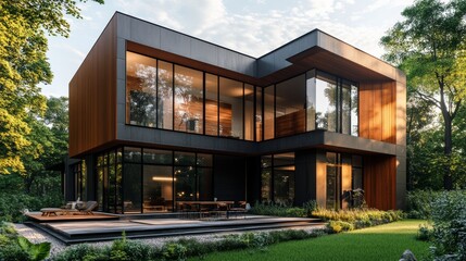Obraz premium Modern cube home, alternating wood and metal facade, sleek minimalist architecture, surrounded by nature, warm sunlight, ultra-realistic details, cinematic shot