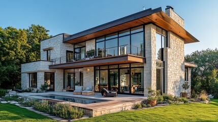 Modern cube home with rustic textured stone walls, a wraparound wooden balcony on the upper level, large glass windows reflecting sunlight, set in a green landscape