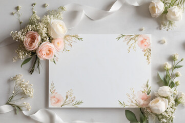 A blank wedding invitation adorned with a watercolor floral frame