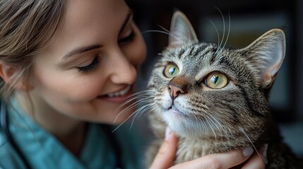 A veterinarian gently interacts with a cat, showcasing care and compassion.