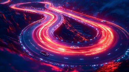 Obraz premium Aerial shot of a Formula 1 racetrack at night, neon-lit tracks and AI-guided cars in a high-speed race. Synthwave style, vivid colors, 3D render, motion blur