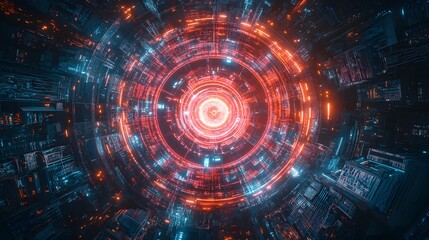 Obraz premium Overhead view of a futuristic carnival, glowing holographic tents, Ferris wheel with transparent seats, surrounded by digital projections, Sci-Fi, 3D, Cool neon colors