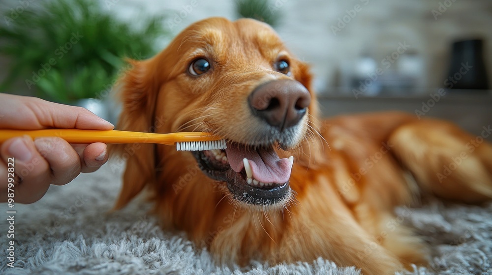 Wall mural a dog receiving dental care with a toothbrush at home.