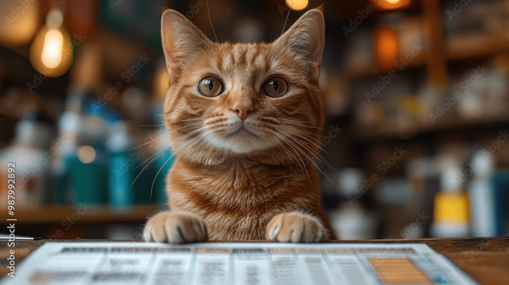 Poster a curious orange cat peering over a table with a menu.