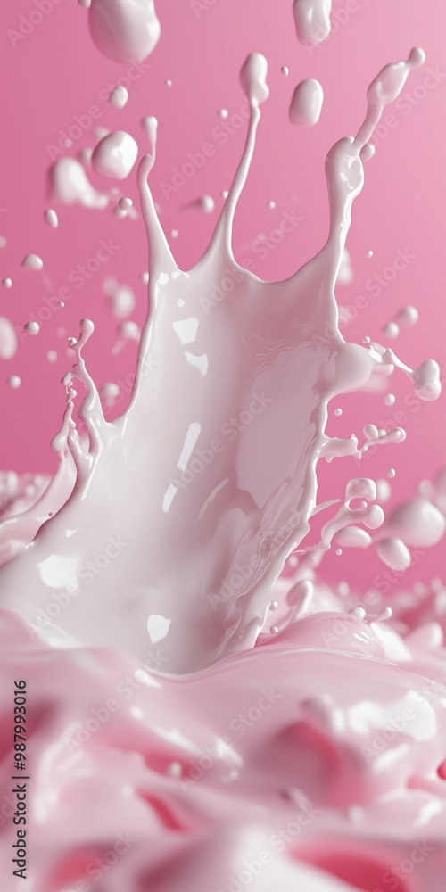 Poster milk splash against pink background creating dynamic fluid motion with droplets frozen mid-air.