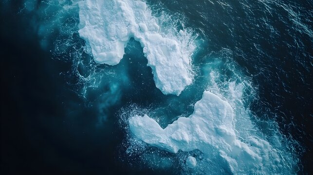 Aerial view of a glacier breaking apart as it drifts into the ocean, with chunks of ice floating in deep blue water, dramatic lighting from a setting sun