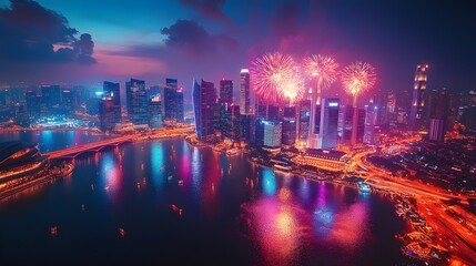Obraz premium Aerial view of vibrant fireworks exploding over a modern city skyline at night, neon reflections in the water, glowing skyscrapers, high-resolution photography