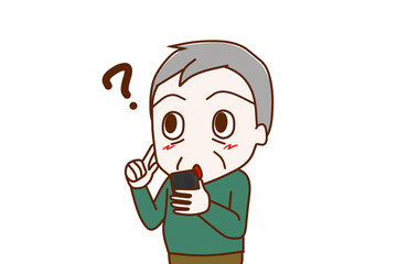 （上半身斜め）スマホを持ってキョトンと分からなくなり思い出そうとする高齢の男性