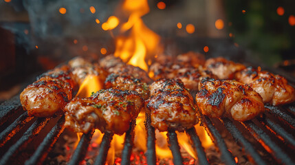 A grill with chicken on it and the flames are on. The chicken is being cooked and is ready to be eaten