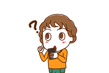 （上半身斜め）スマホを持ってキョトンと分からなくなり思い出そうとする白人少年