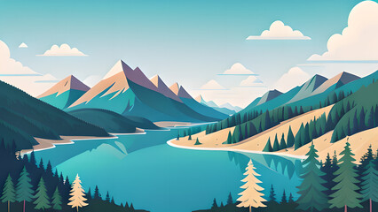 Stunning Vector Illustration: Mountain Landscape with Lake and Trees in Pastel Colors &ndash; Perfect for Desktop Backgrounds