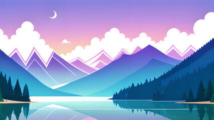 Stunning Vector Illustration: Mountain Landscape with Lake and Trees in Pastel Colors &ndash; Perfect for Desktop Backgrounds