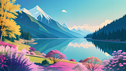 Stunning Vector Illustration: Mountain Landscape with Lake and Trees in Pastel Colors &ndash; Perfect for Desktop Backgrounds