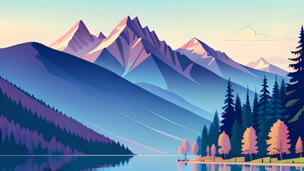 Stunning Vector Illustration: Mountain Landscape with Lake and Trees in Pastel Colors &ndash; Perfect for Desktop Backgrounds