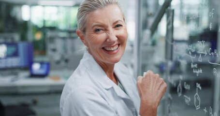 Woman, face and glass or chemistry formula, mature and experimental chemist or balancing equation. Medical idea, planning and life extension drug, innovation study and solution development in lab