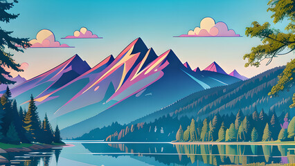 Stunning Vector Illustration: Mountain Landscape with Lake and Trees in Pastel Colors &ndash; Perfect for Desktop Backgrounds