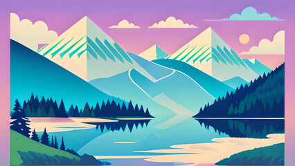 Stunning Vector Illustration: Mountain Landscape with Lake and Trees in Pastel Colors &ndash; Perfect for Desktop Backgrounds