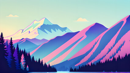Stunning Vector Illustration: Mountain Landscape with Lake and Trees in Pastel Colors &ndash; Perfect for Desktop Backgrounds
