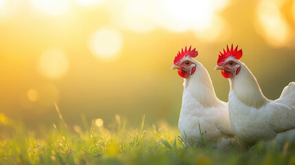 Fototapeta premium A white chicken with a red beak stands in a field of grass. The sun is setting in the background, casting a warm glow over the scene