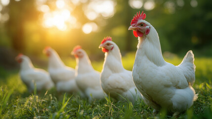 Fototapeta premium A white chicken with a red beak stands in a field of grass. The sun is setting in the background, casting a warm glow over the scene