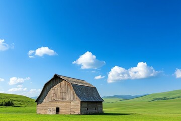 Obraz premium Old wooden barn, weathered by time, set against a backdrop of rolling hills and a bright blue sky