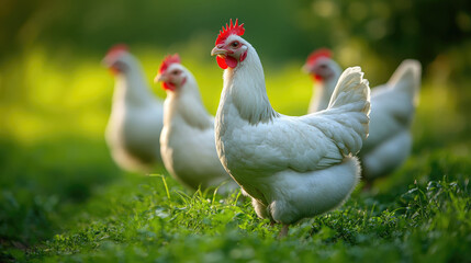Fototapeta premium A white chicken with a red beak stands in a field of grass. The sun is setting in the background, casting a warm glow over the scene