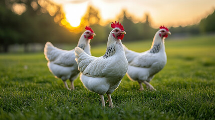 Fototapeta premium A white chicken with a red beak stands in a field of grass. The sun is setting in the background, casting a warm glow over the scene