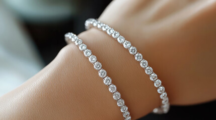 A person's wrist is adorned with two silver bracelets. The bracelets are made of diamonds and are set in a gold band. The person's wrist is bare, and the bracelets are the only visible jewelry