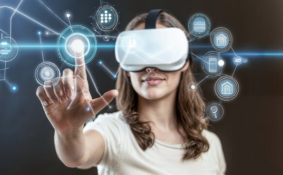 Une jeune femme portant un casque de r&eacute;alit&eacute; virtuelle interagit du bout des doigts dans un menu graphique virtuel fait d'ic&ocirc;nes en relief