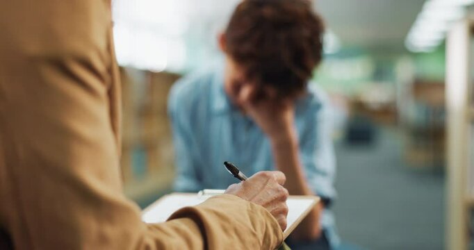 Therapy, clipboard and school counselor with child for adhd test with psychology chart at academy. Consultation, student and educational therapist with kid for learning challenge, autism or dyslexia.