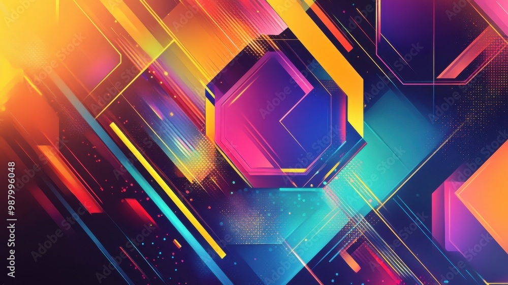 Poster a vibrant abstract background banner featuring bold hexagons, intersecting lines, and geometric shap