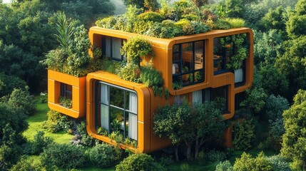 Futuristic modular home with cubes, rooftop gardens overflowing with plants, large windows, wooden trims, set in a green forest, isometric view, warm tones, digital painting