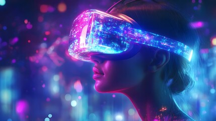 Woman in Neon-Lit Virtual Reality Headset