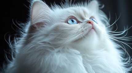 A fluffy white cat gazing upwards with striking blue eyes.